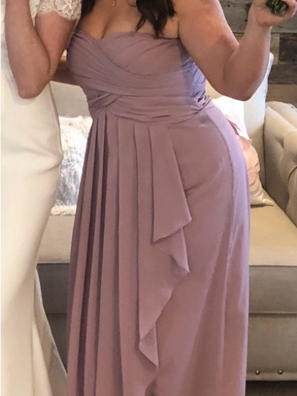 David's Bridal Quartz color Strapless Ruched Chiffon Gown. Altered with Bra Cups
